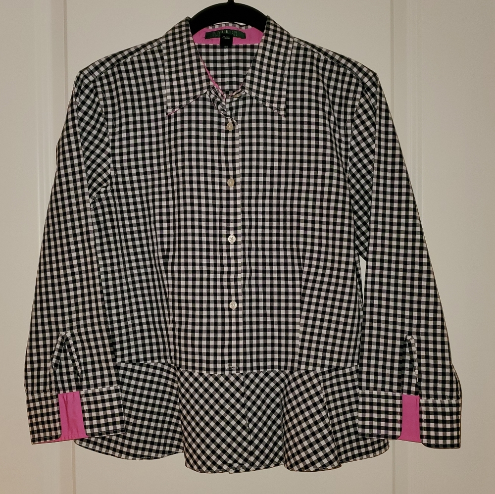 Lauren Ralph Lauren, Black and White Checkered, Peplum Button Down, 8